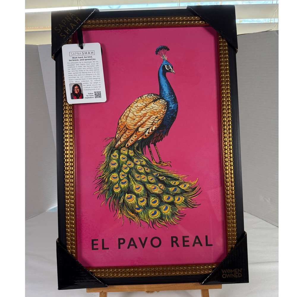 Sapna Shah El Pavo Real Peacock Framed Wall Art Pink Gold Black 12.5x18.5 NEW
